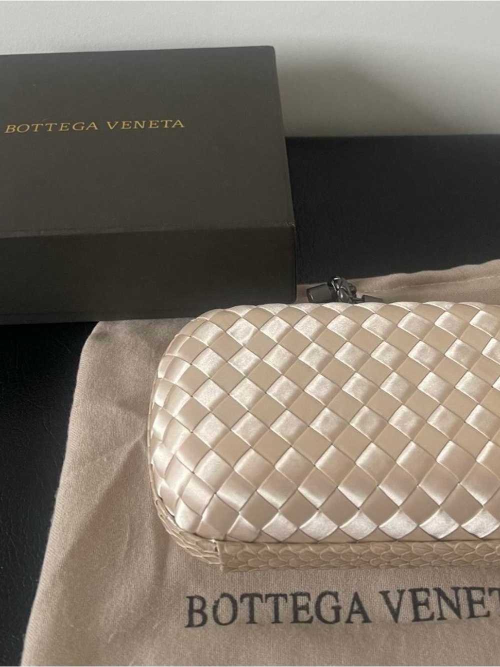 PRICE NEGOTIABLE - Bottega Veneta Champagne Satin Intrecciato Clutch
